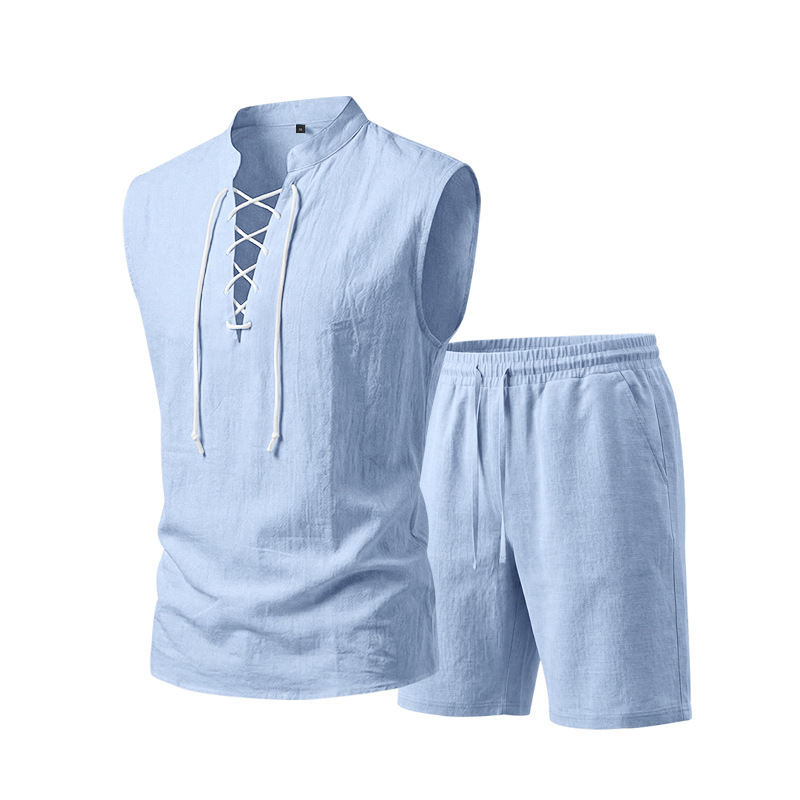 π§΅ LIMITED-TIME 49% OFF! β¨ Men's Linen Sleeveless Set β Top & Shorts, Lace-Up, 7 Colors βοΈ