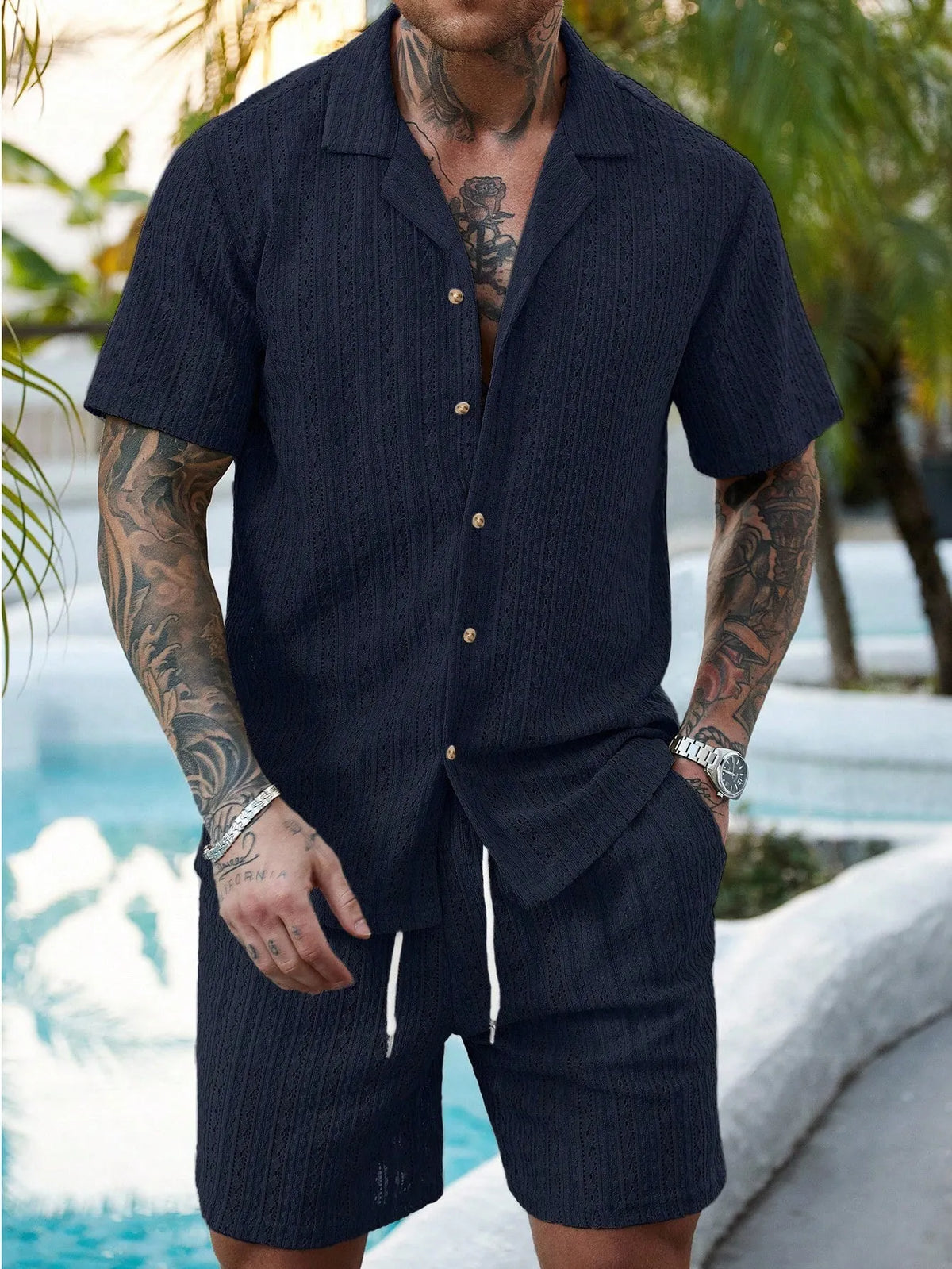 Men's Relaxed Hollow-Out Knit Resort Two-Piece Set