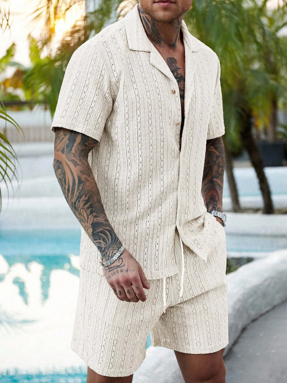 Men's Relaxed Hollow-Out Knit Resort Two-Piece Set