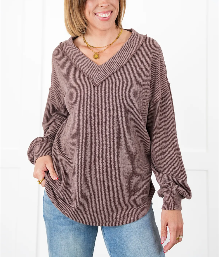 Women's Ribbed Long Sleeve V-Neck Pullover Tops (Buy 2 Free Shipping)