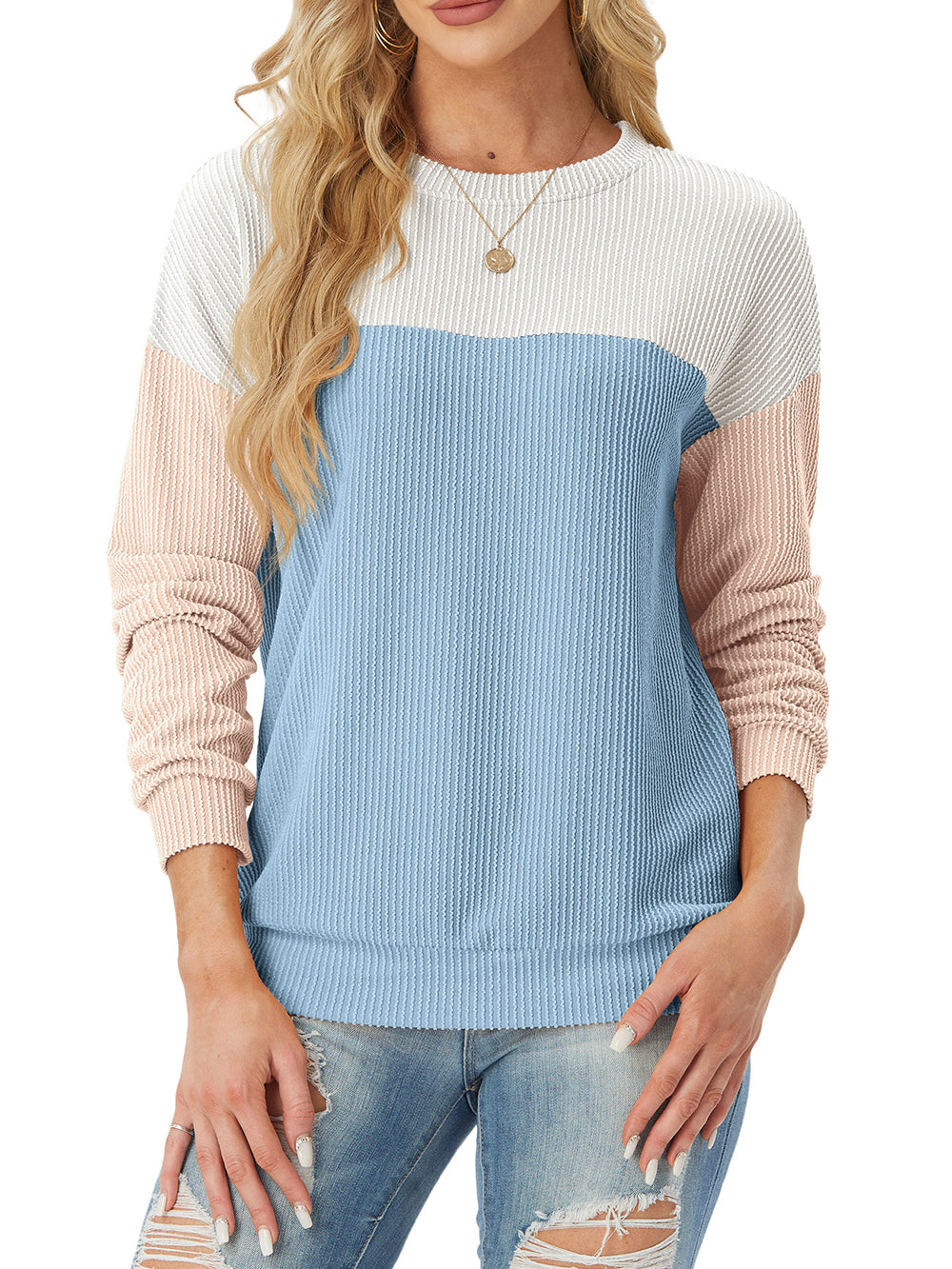 Women's Crewneck Color Block Ribbed Tops (Buy 2 Free Shipping)