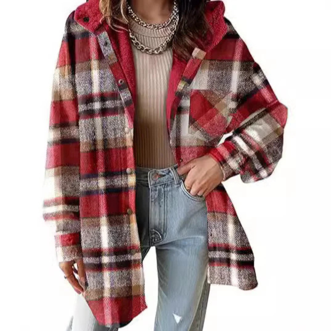 Women's Flannel Hooded Plaid Shacket Thick Coat Winter Coat for Warmth Button down Warm and Fuzzy Fleece Jacket