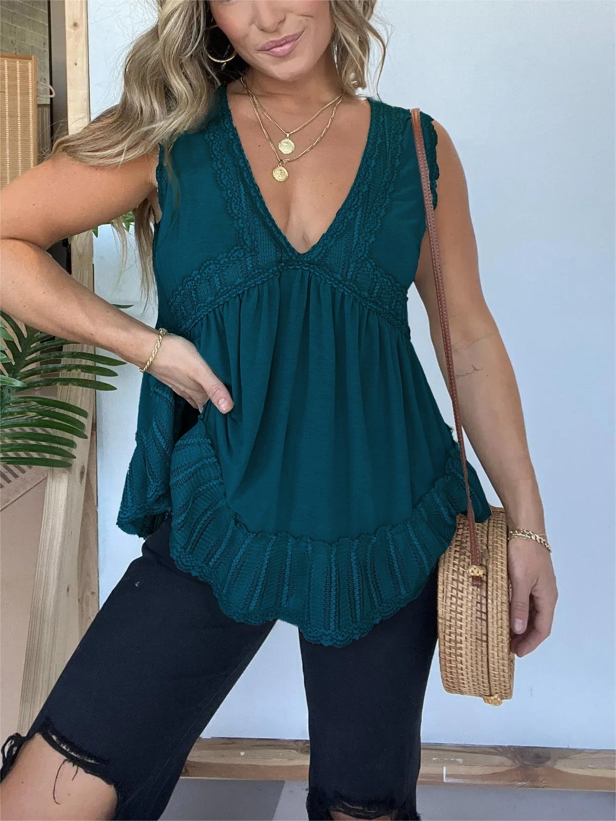 New V-neckline Sleeveless Flow Top with Lace Trim (Buy 2 Free Shipping)