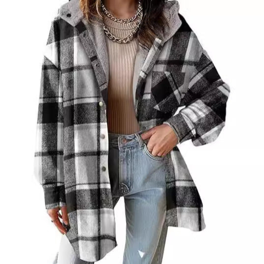 Women's Flannel Hooded Plaid Shacket Thick Coat Winter Coat for Warmth Button down Warm and Fuzzy Fleece Jacket