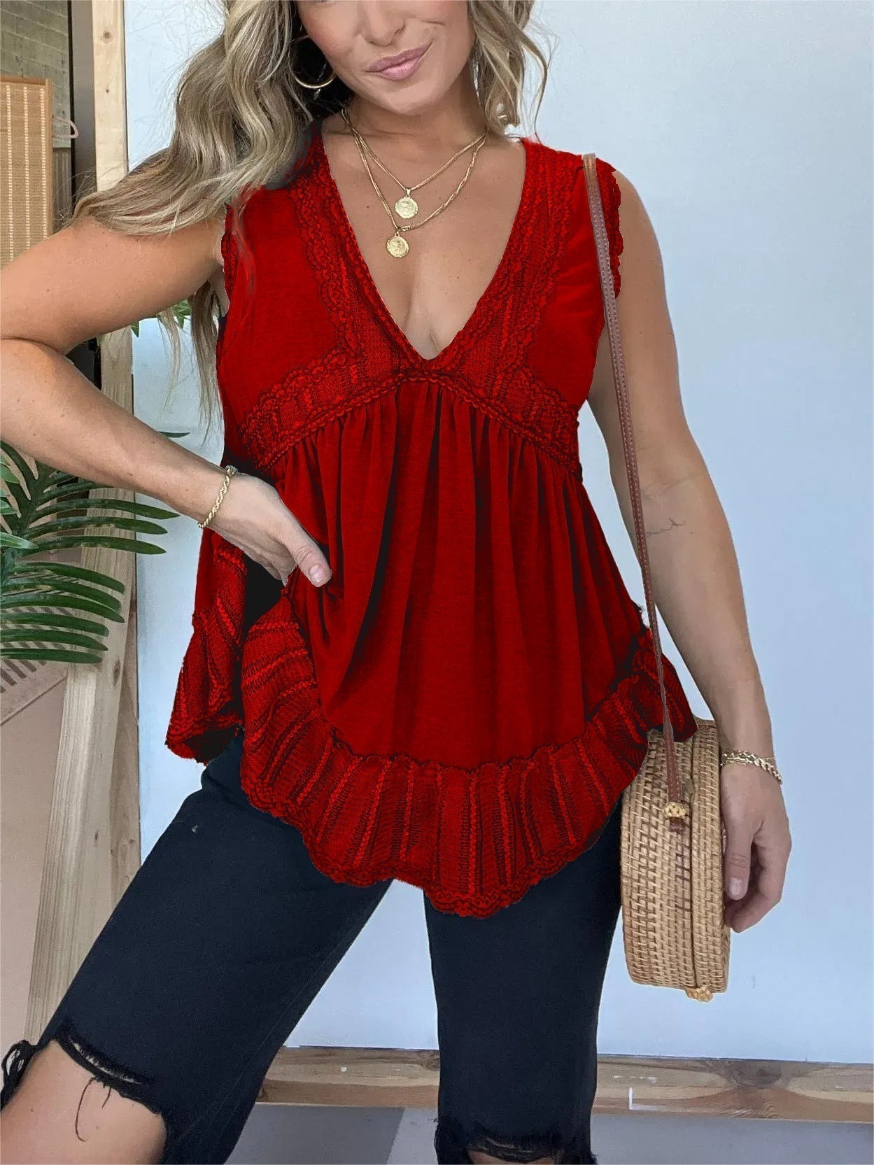 New V-neckline Sleeveless Flow Top with Lace Trim (Buy 2 Free Shipping)