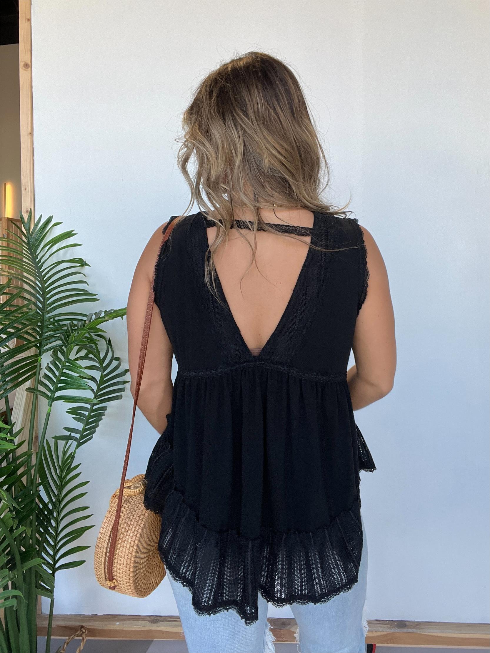 New V-neckline Sleeveless Flow Top with Lace Trim (Buy 2 Free Shipping)