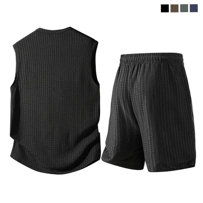 Men's 2-Piece Waffle Knit Sports Set | Sleeveless Tank Top & Drawstring Shorts