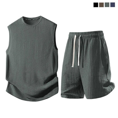 Men's 2-Piece Waffle Knit Sports Set | Sleeveless Tank Top & Drawstring Shorts