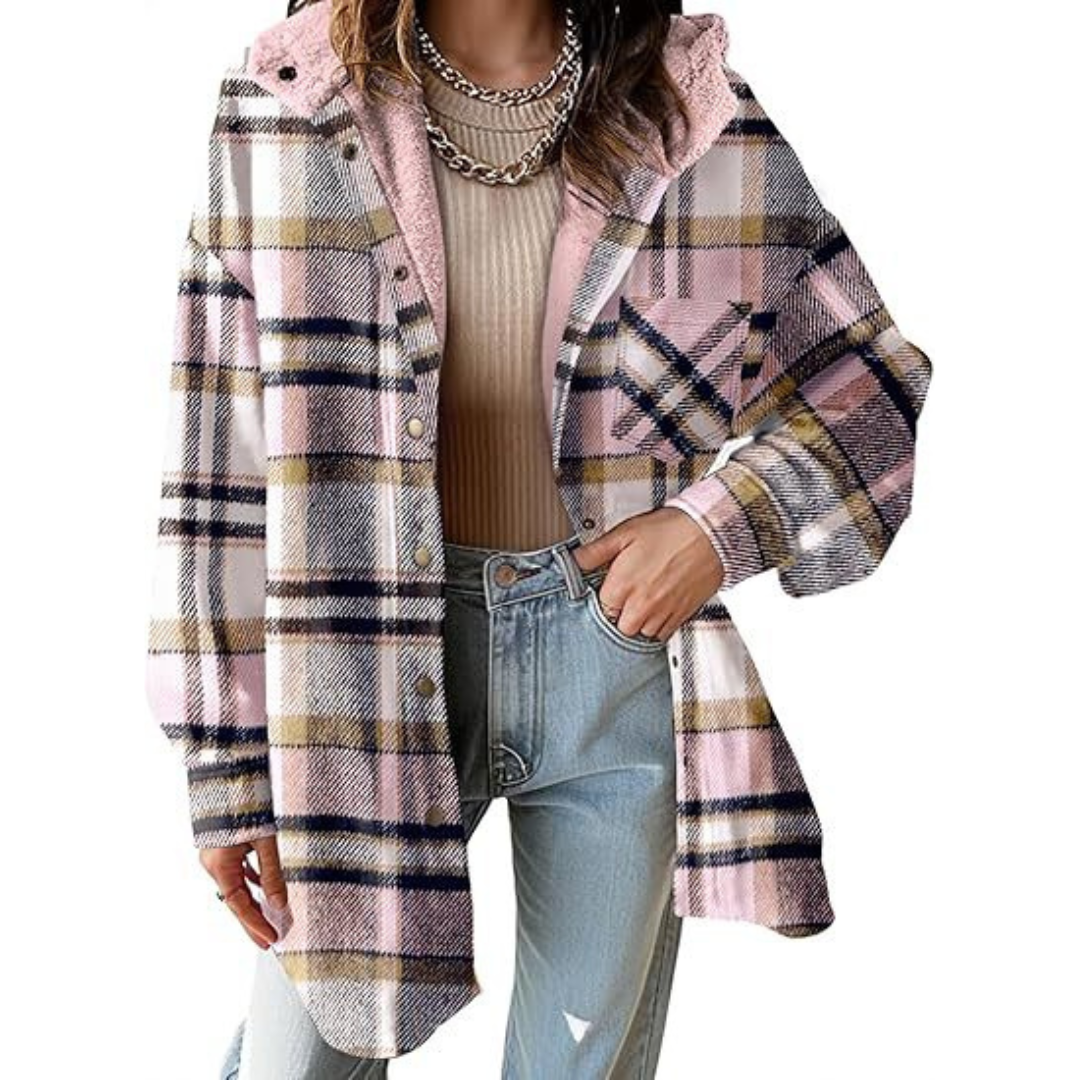 Women's Flannel Hooded Plaid Shacket Thick Coat Winter Coat for Warmth Button down Warm and Fuzzy Fleece Jacket