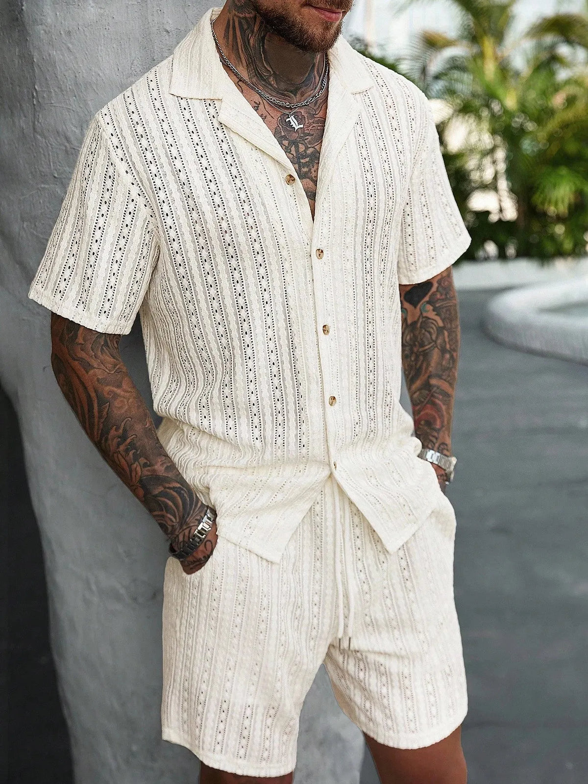 Men's Relaxed Hollow-Out Knit Resort Two-Piece Set