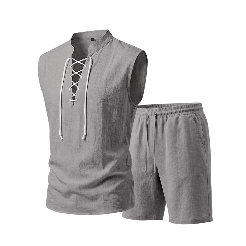 🧵 LIMITED-TIME 49% OFF! ✨ Men's Linen Sleeveless Set – Top & Shorts, Lace-Up, 7 Colors ☀️