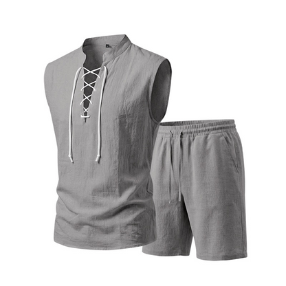 🧵 LIMITED-TIME 49% OFF! ✨ Men's Linen Sleeveless Set – Top & Shorts, Lace-Up, 7 Colors ☀️