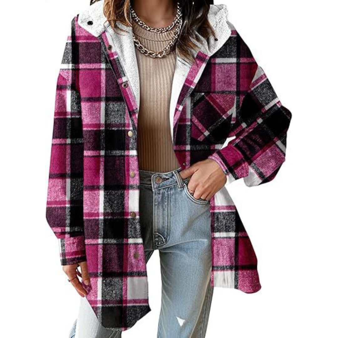 Women's Flannel Hooded Plaid Shacket Thick Coat Winter Coat for Warmth Button down Warm and Fuzzy Fleece Jacket