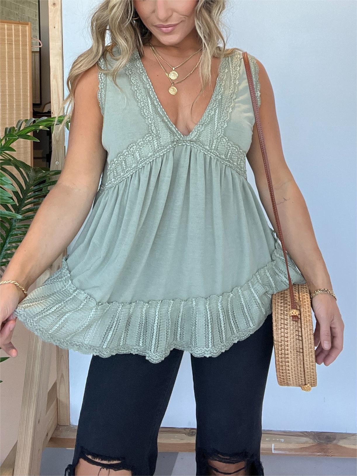 New V-neckline Sleeveless Flow Top with Lace Trim (Buy 2 Free Shipping)
