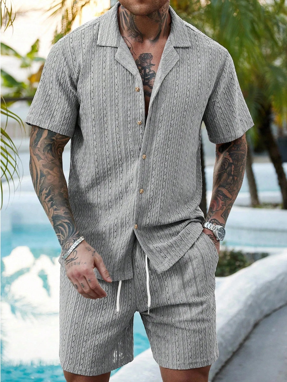Men's Relaxed Hollow-Out Knit Resort Two-Piece Set