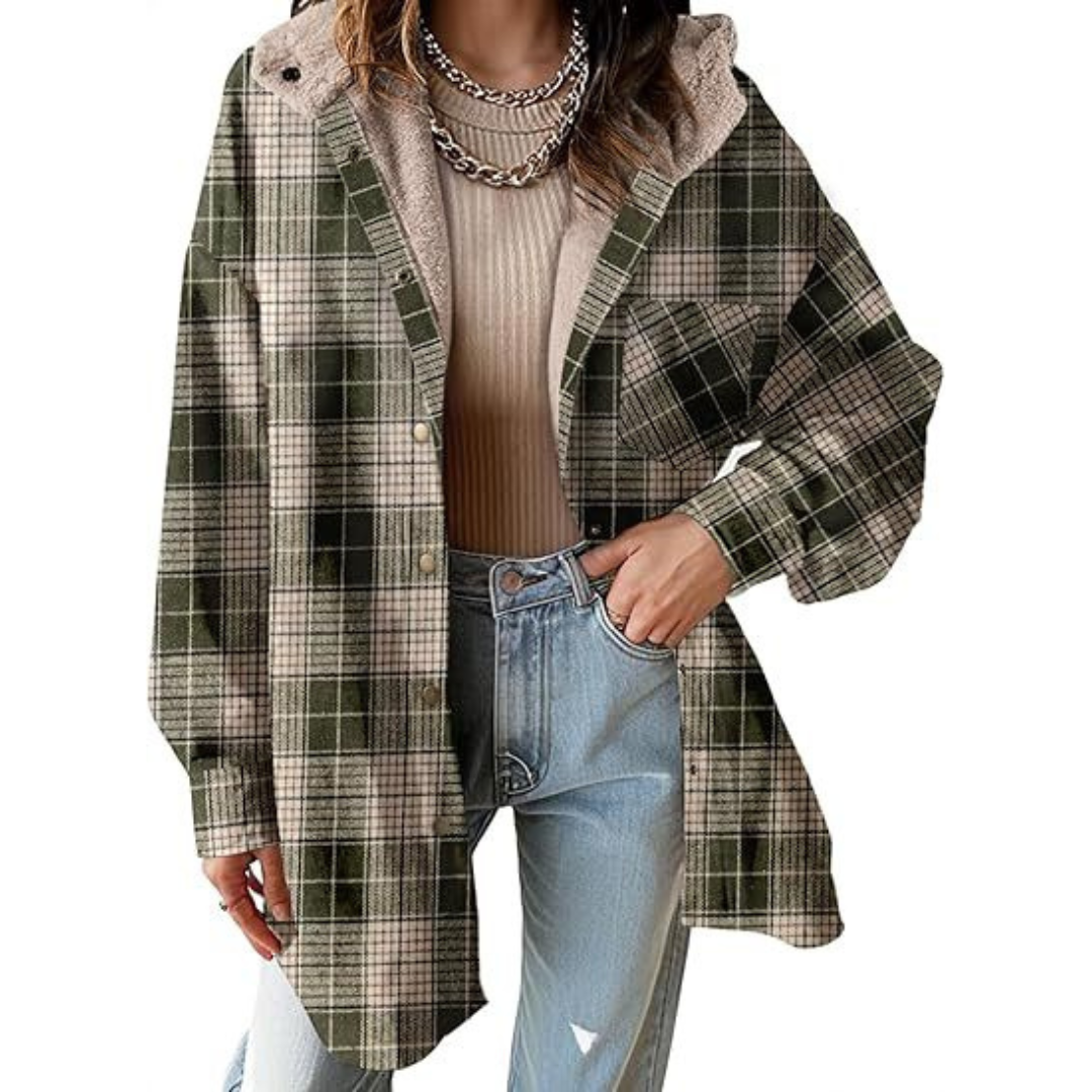 Women's Flannel Hooded Plaid Shacket Thick Coat Winter Coat for Warmth Button down Warm and Fuzzy Fleece Jacket