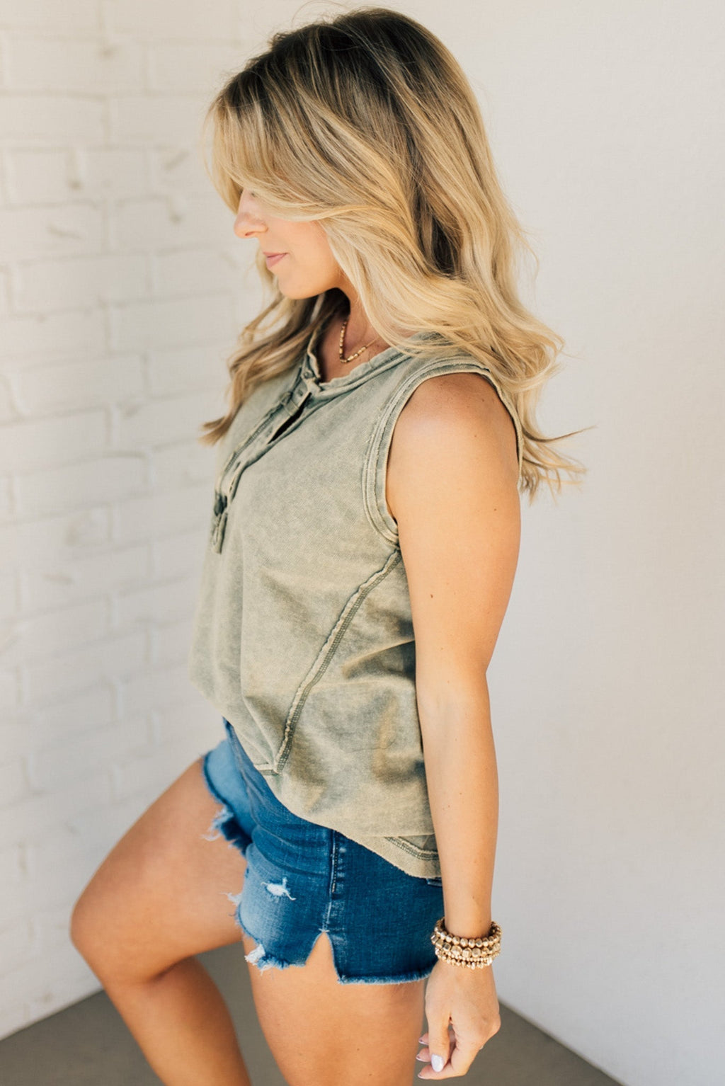 Women's Button Mix Washed Henley Tank (Buy 2 Free Shipping)