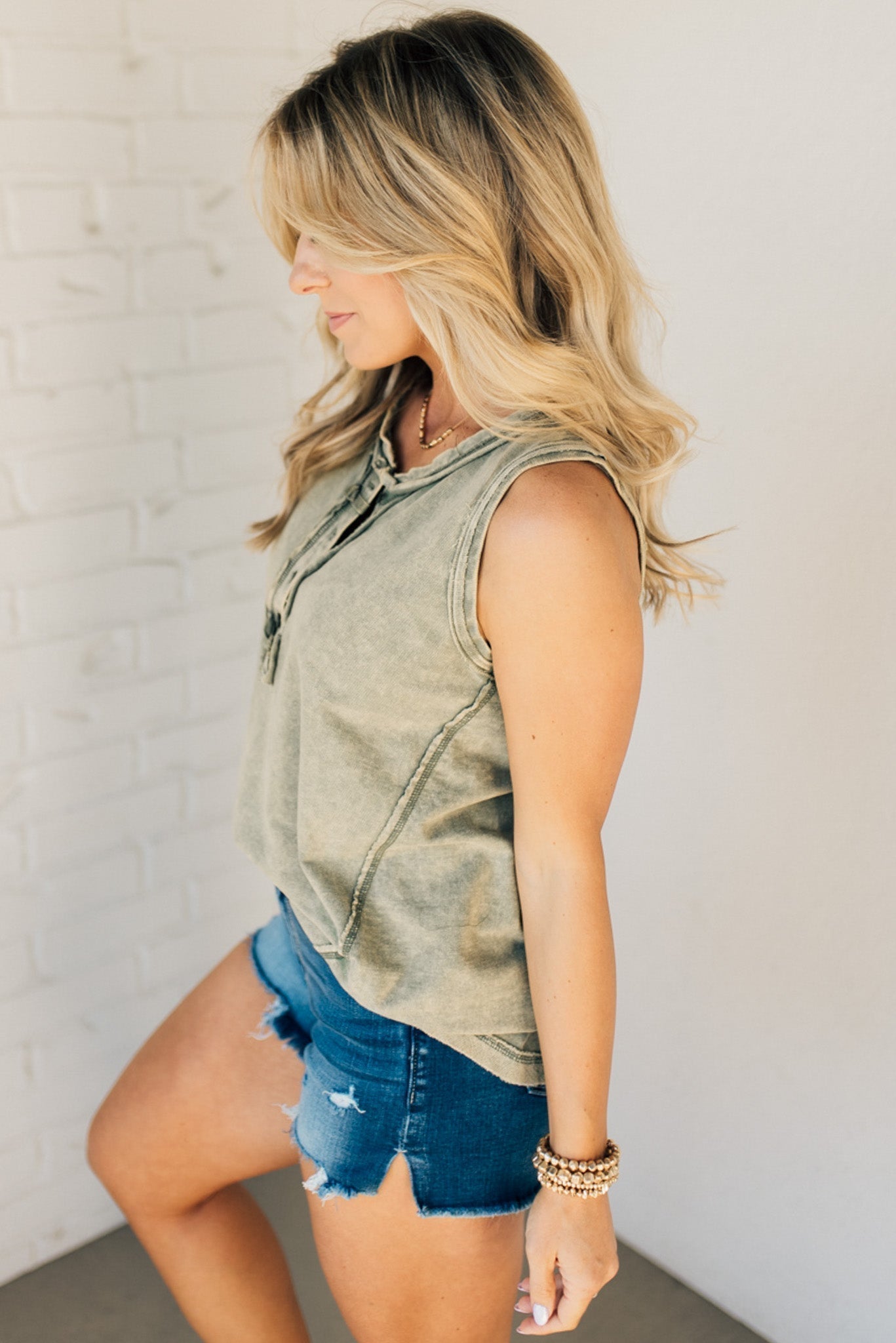 Women's Button Mix Washed Henley Tank (Buy 2 Free Shipping)
