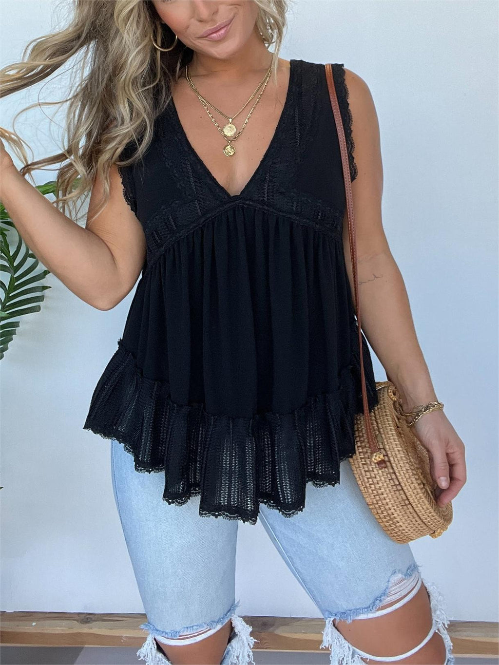 New V-neckline Sleeveless Flow Top with Lace Trim (Buy 2 Free Shipping)