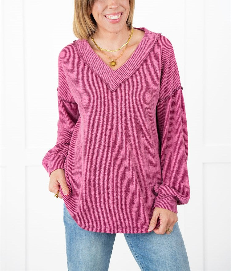 Women's Ribbed Long Sleeve V-Neck Pullover Tops (Buy 2 Free Shipping)