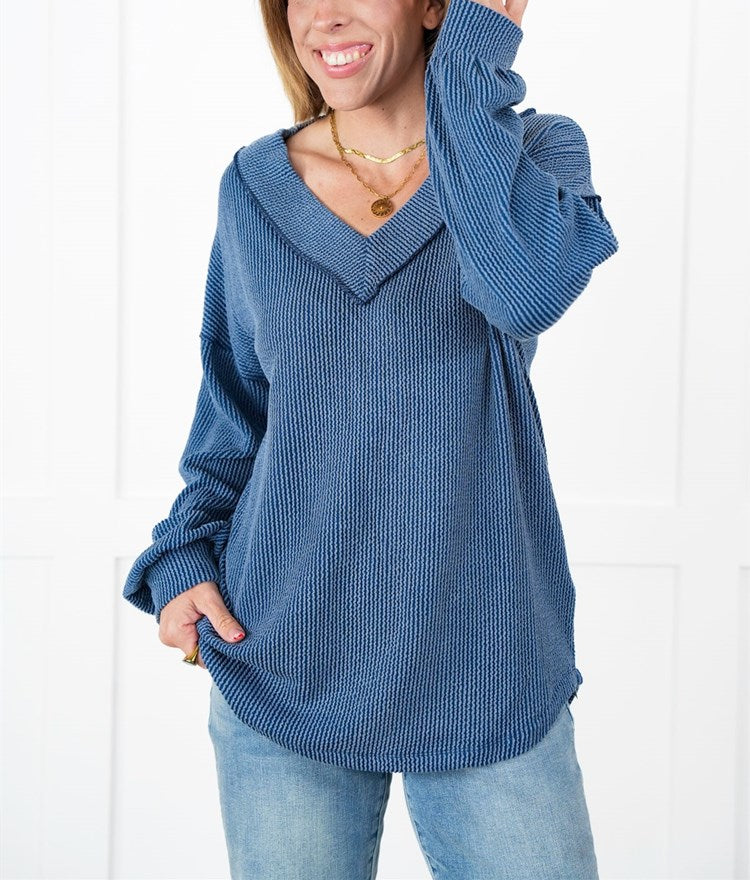 Women's Ribbed Long Sleeve V-Neck Pullover Tops (Buy 2 Free Shipping)