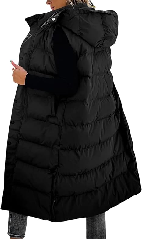 Women's Long Puffer Vest | Quilted Hood & Button Closure ❄️