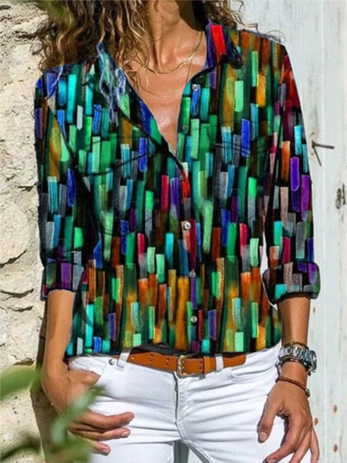Women's Vintage Colorful Vertical Stripes Print Shirt