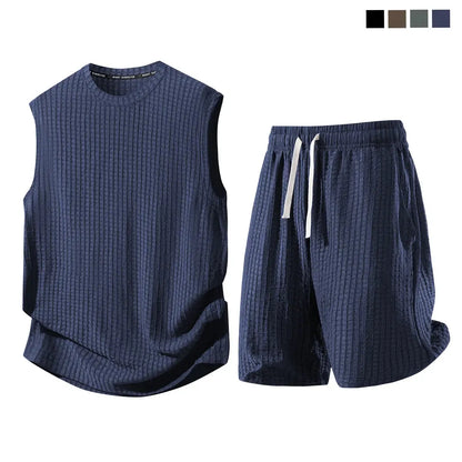 Men's 2-Piece Waffle Knit Sports Set | Sleeveless Tank Top & Drawstring Shorts