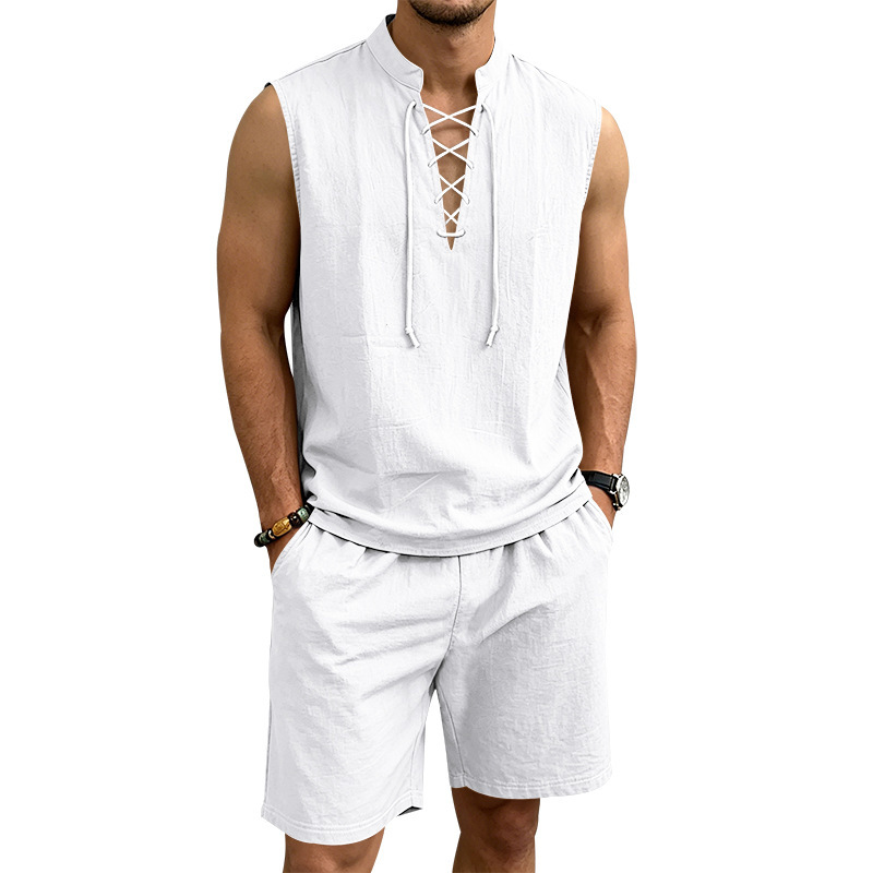🧵 LIMITED-TIME 49% OFF! ✨ Men's Linen Sleeveless Set – Top & Shorts, Lace-Up, 7 Colors ☀️