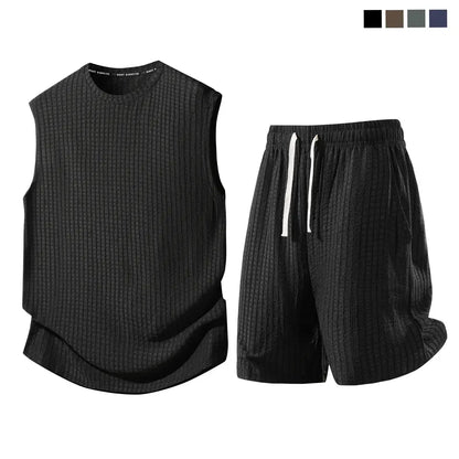 Men's 2-Piece Waffle Knit Sports Set | Sleeveless Tank Top & Drawstring Shorts