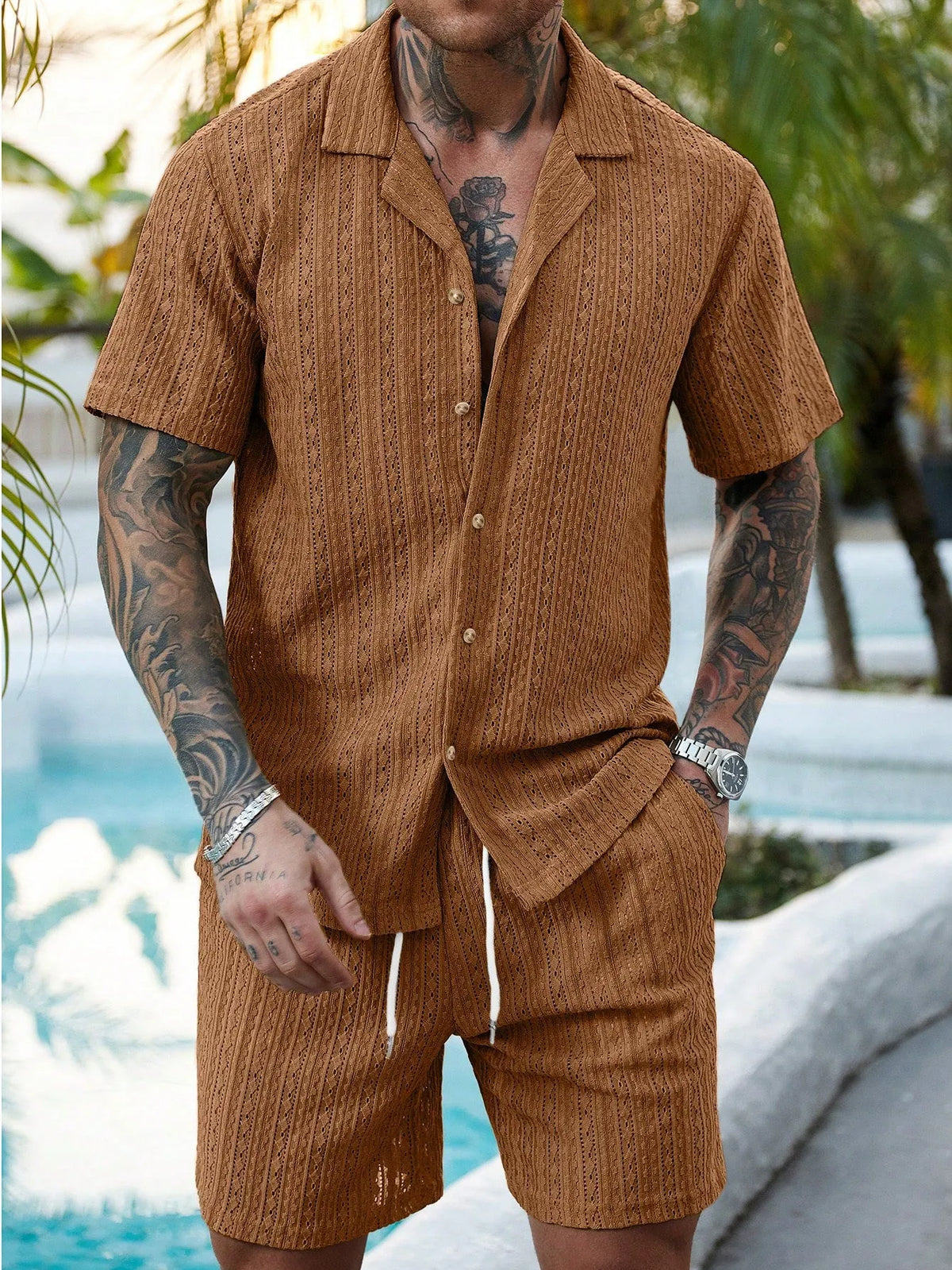 Men's Relaxed Hollow-Out Knit Resort Two-Piece Set