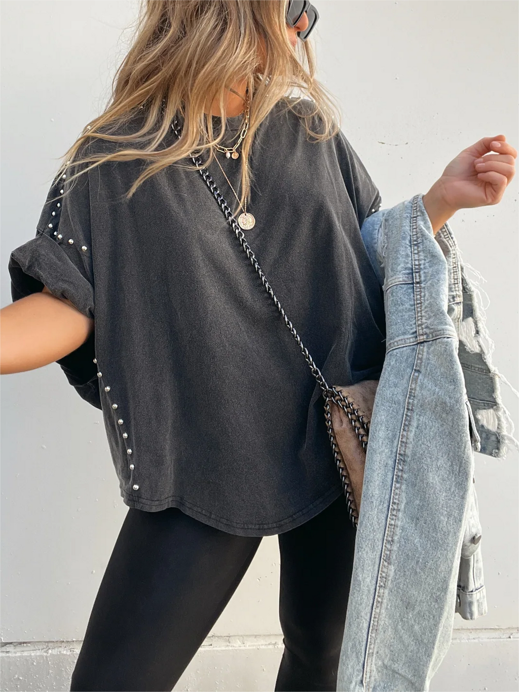 Washed Roll Sleeve Studded Oversized Short Sleeve Top  (Buy 2 Free Shipping)