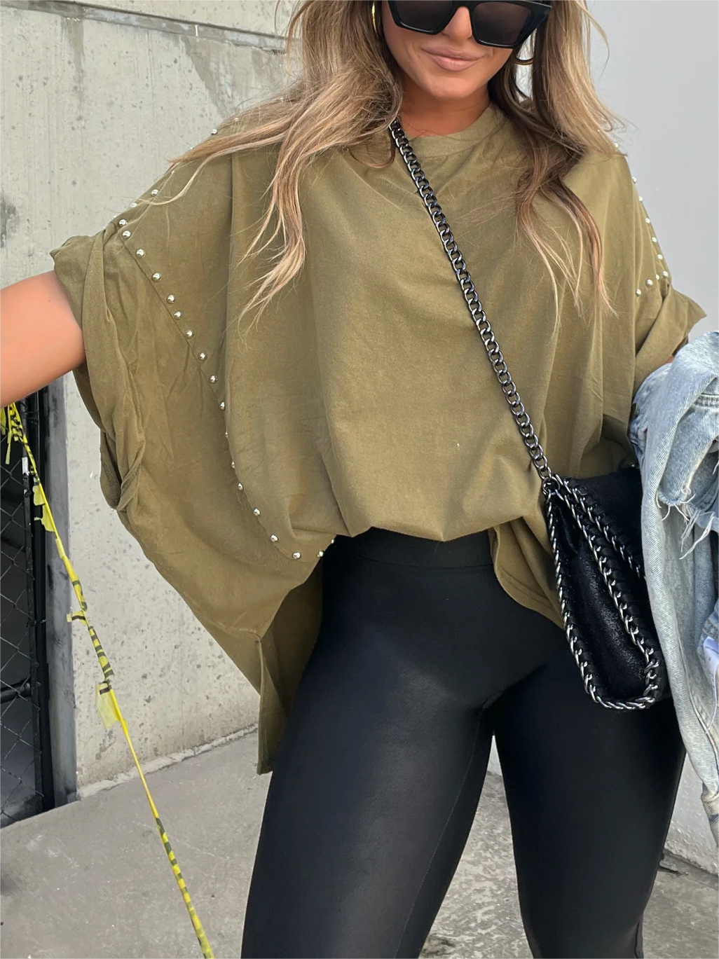 Washed Roll Sleeve Studded Oversized Short Sleeve Top  (Buy 2 Free Shipping)