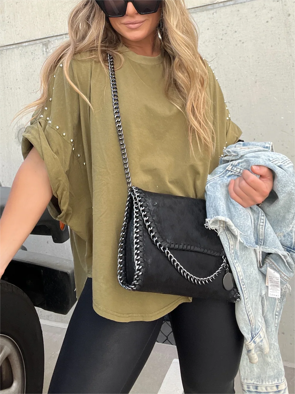 Washed Roll Sleeve Studded Oversized Short Sleeve Top  (Buy 2 Free Shipping)