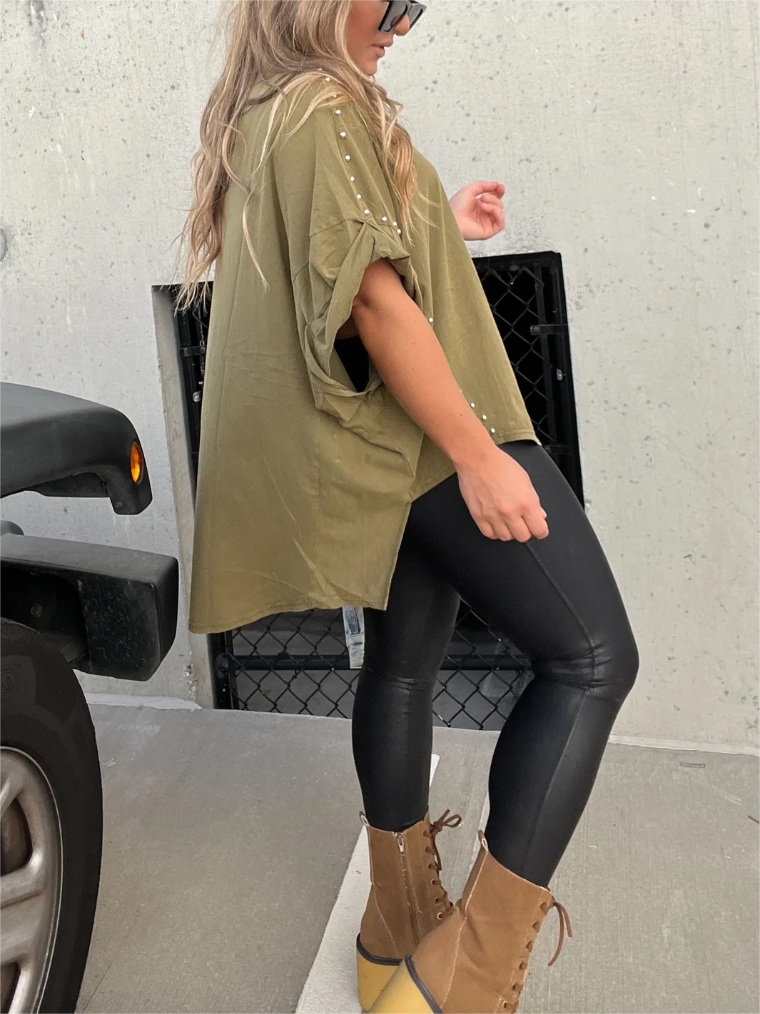 Washed Roll Sleeve Studded Oversized Short Sleeve Top  (Buy 2 Free Shipping)