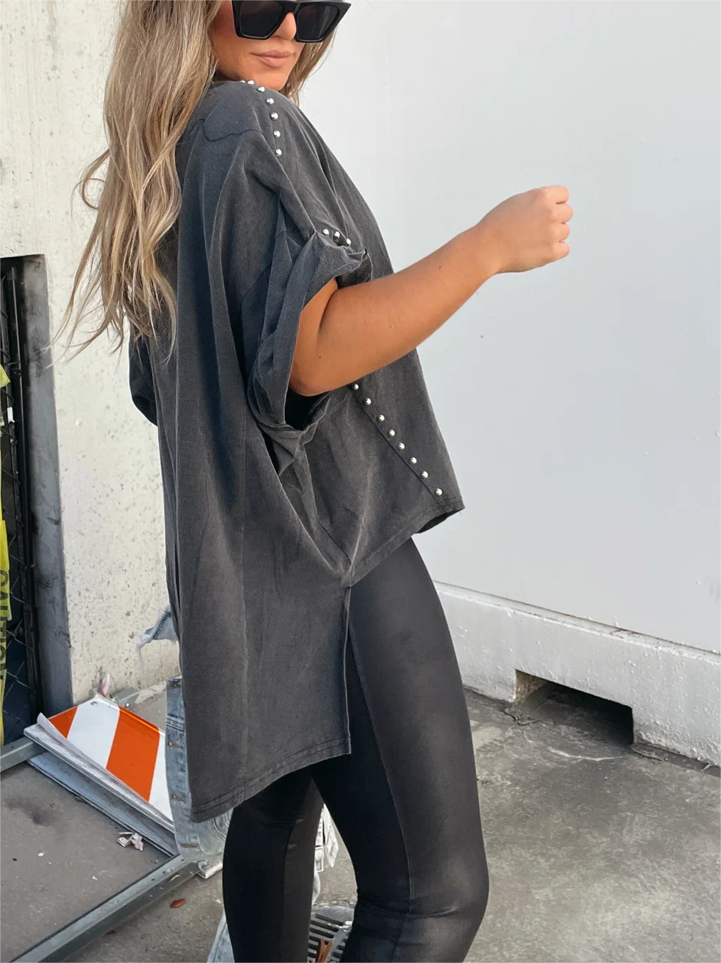 Washed Roll Sleeve Studded Oversized Short Sleeve Top  (Buy 2 Free Shipping)