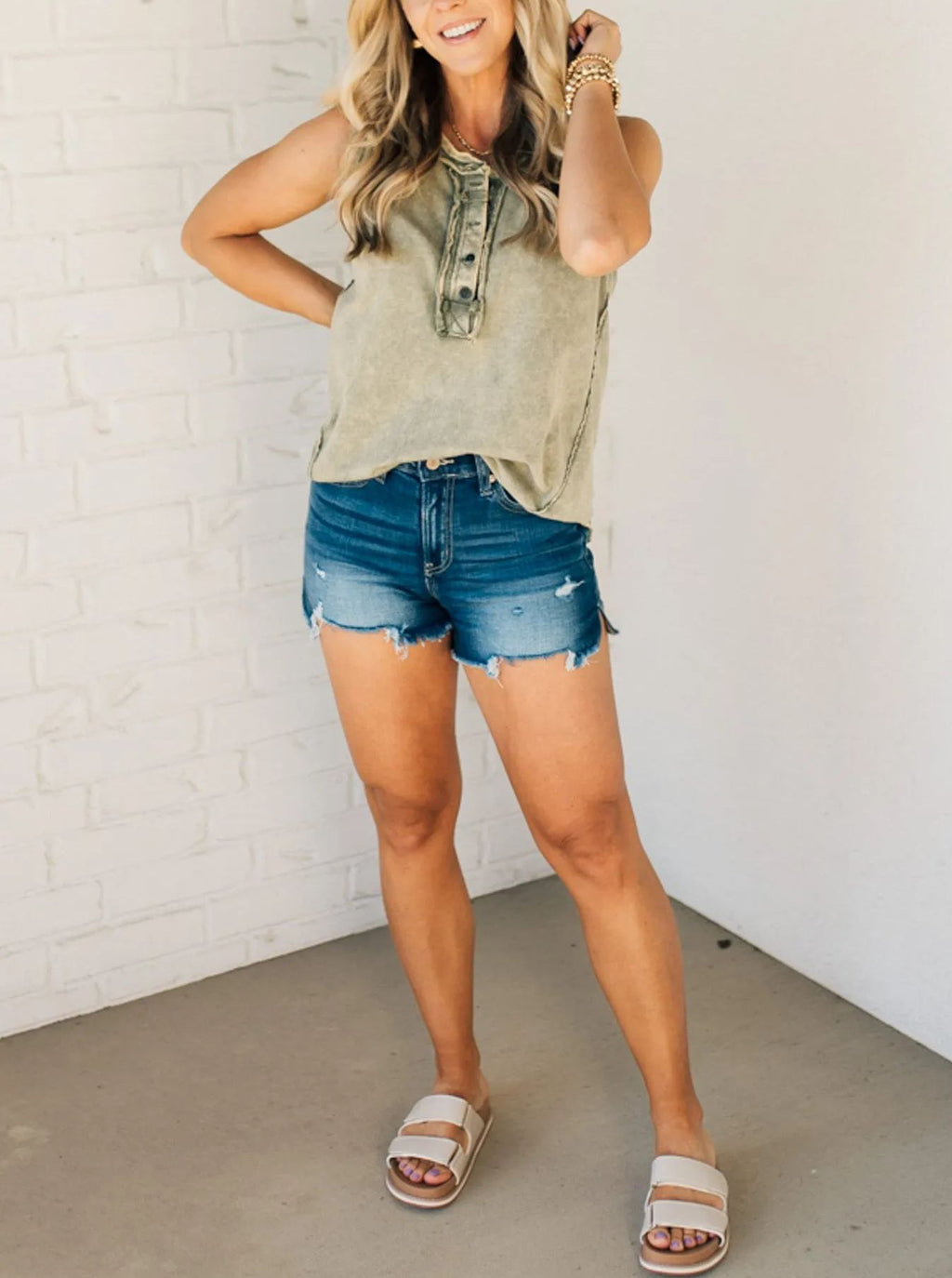 Women's Button Mix Washed Henley Tank (Buy 2 Free Shipping)