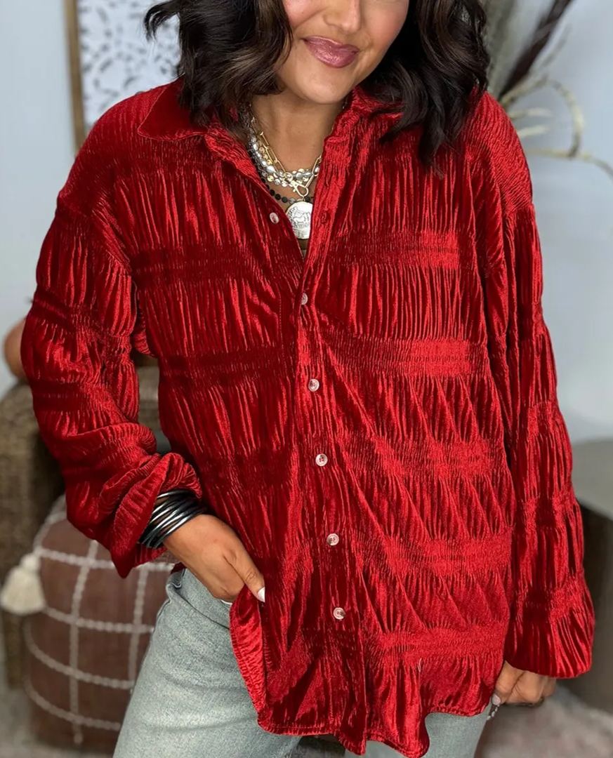 New  Women's Shirred Velvet Button Down Top (Buy 2 Free Shipping)