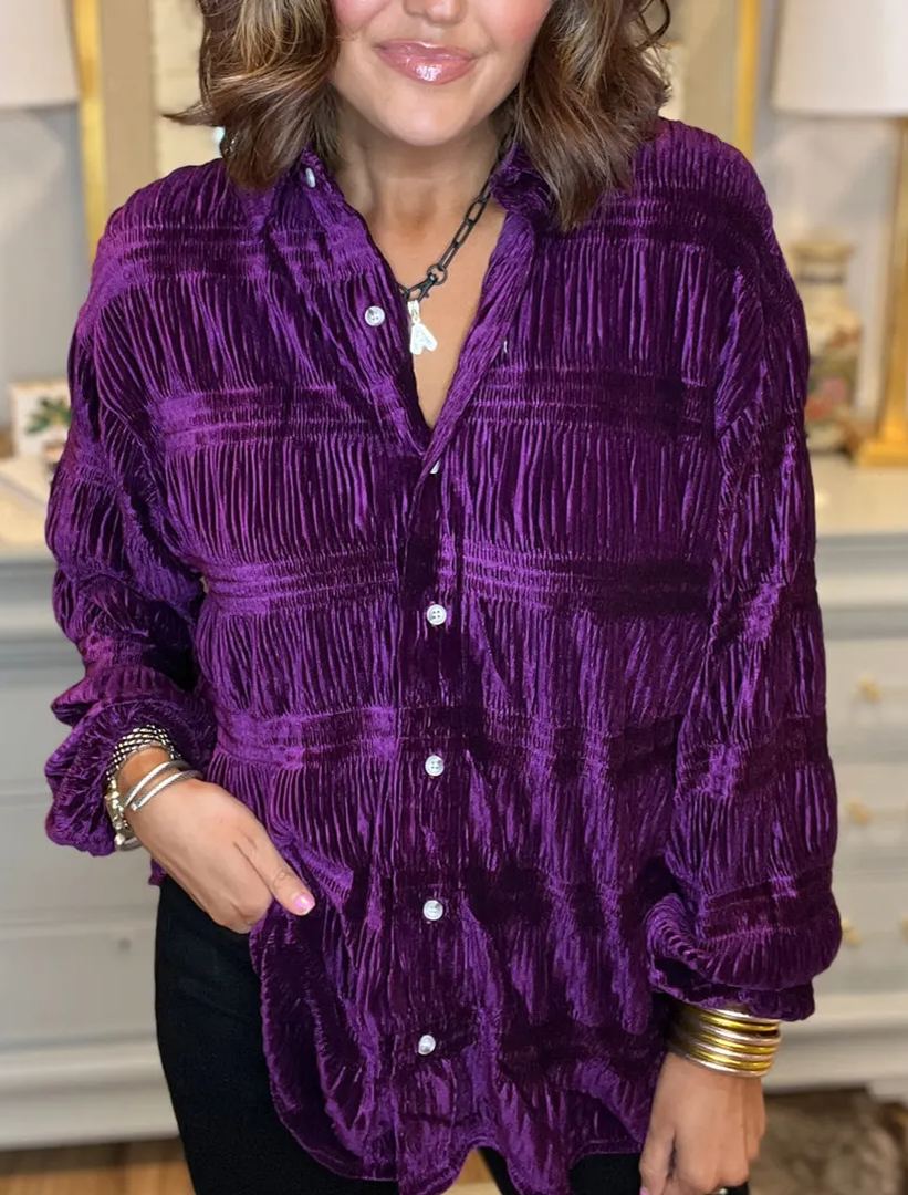 New  Women's Shirred Velvet Button Down Top (Buy 2 Free Shipping)