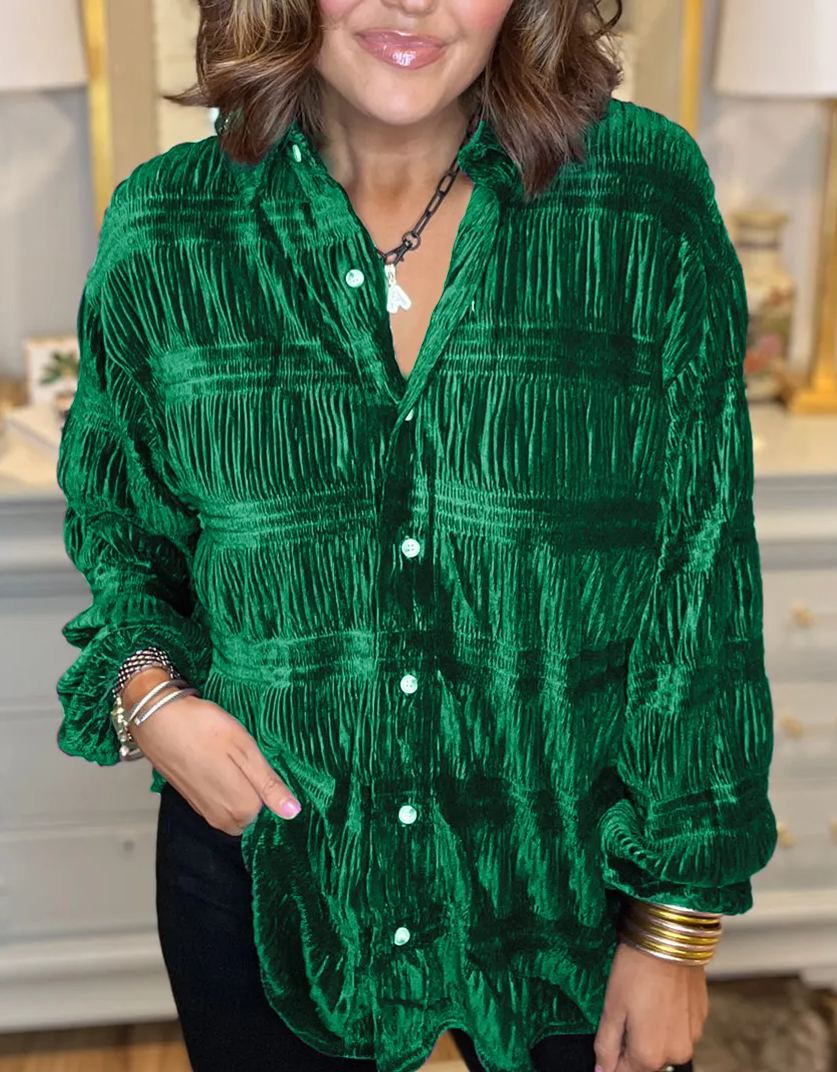 New  Women's Shirred Velvet Button Down Top (Buy 2 Free Shipping)